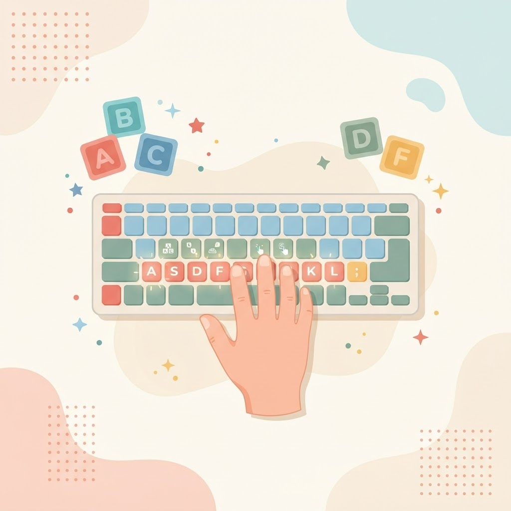 Illustration of a keyboard with the home row highlighted and a hand learning finger placement with ABC blocks