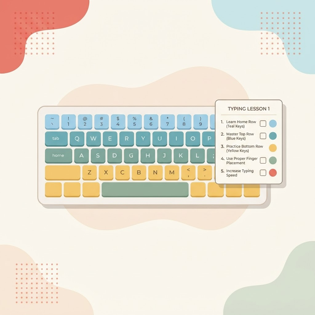 Illustration of a keyboard with color-coded rows and a numbered typing lesson checklist