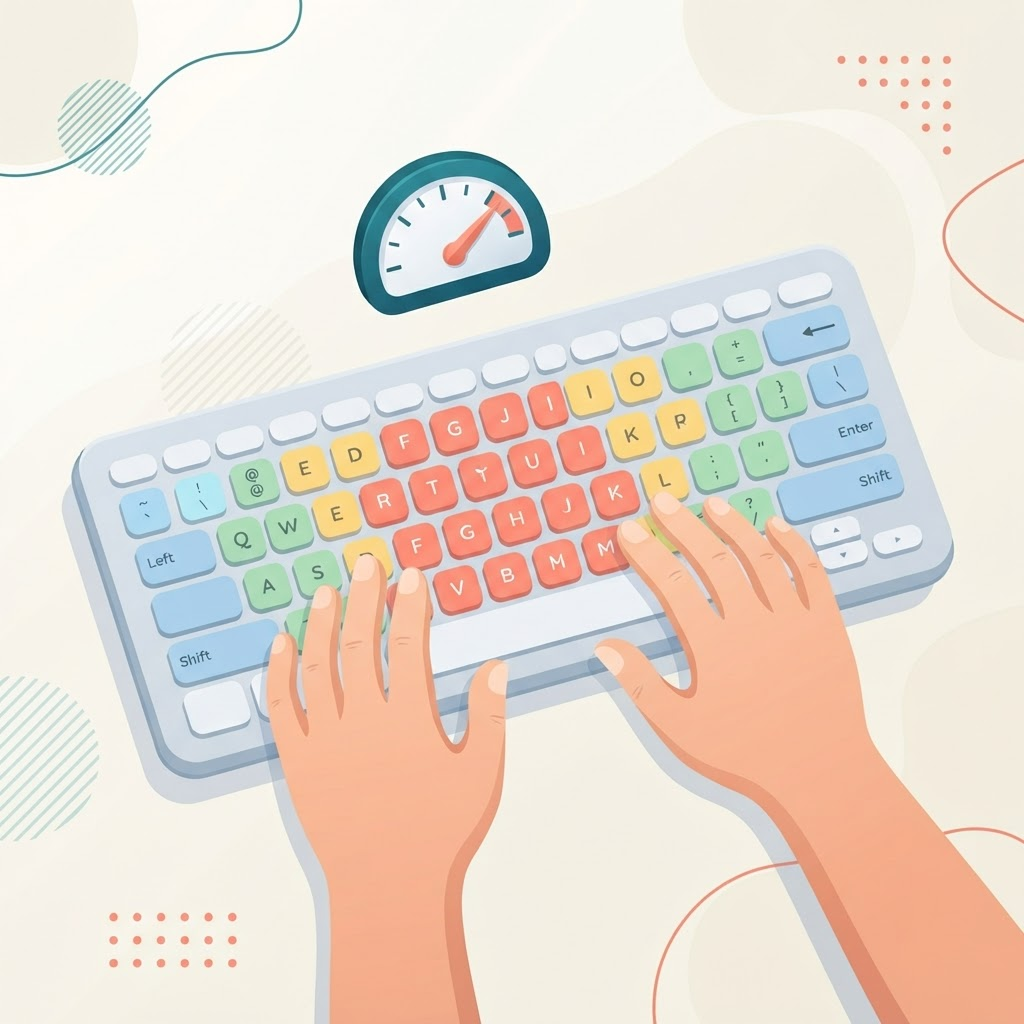 Illustration of a keyboard with hands on the home row and a words-per-minute speed gauge