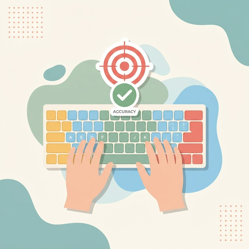 Illustration of hands on the home row of a keyboard with a target bullseye and green checkmark