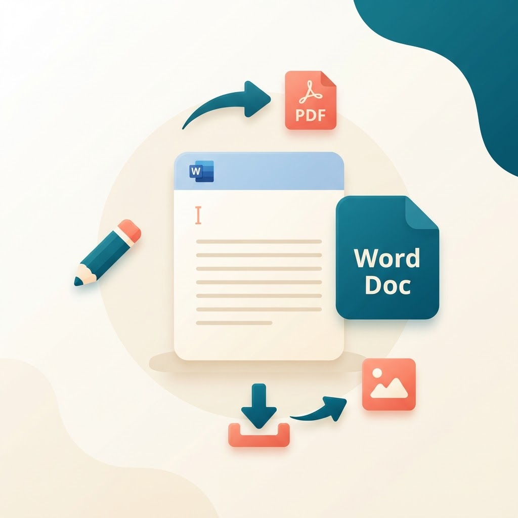 Illustration of a Word document page with convert-to-PDF, edit and export-to-image tool icons
